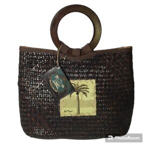 NWT Sun N Sand Handmade woven straw Wooden Handles Purse Tote Bag palm trees